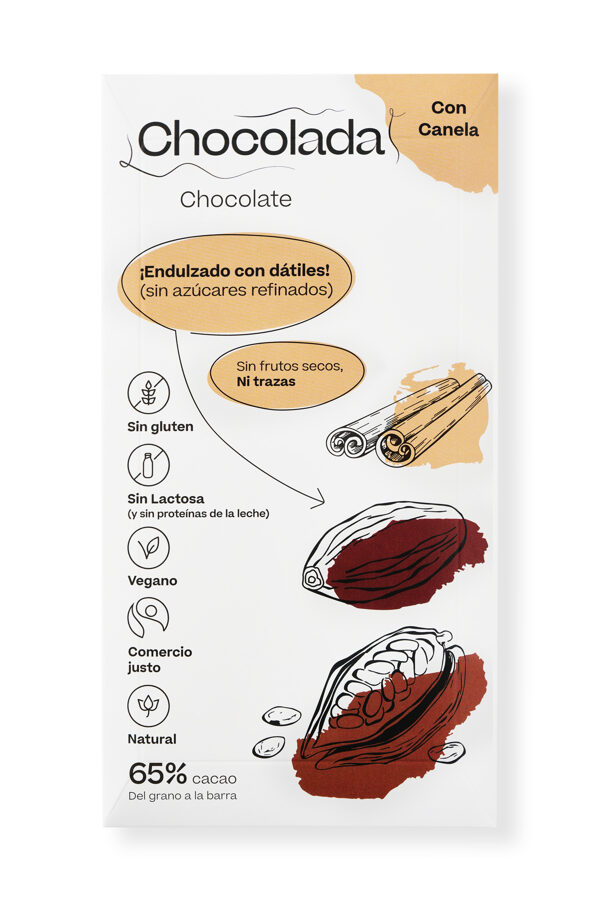 65% Chocolate with Cinnamon, sweetened with dates. Vegan friendly. Organic.
