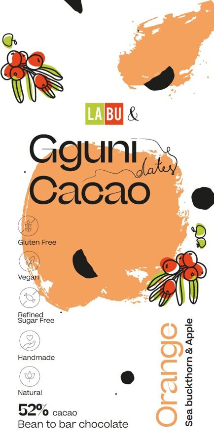 52% Chocolate with Orange, with LABU dried Sea Buckthorn and Apple puree pieces. Sweetened with dates. Vegan friendly. SOFT TEXTURE