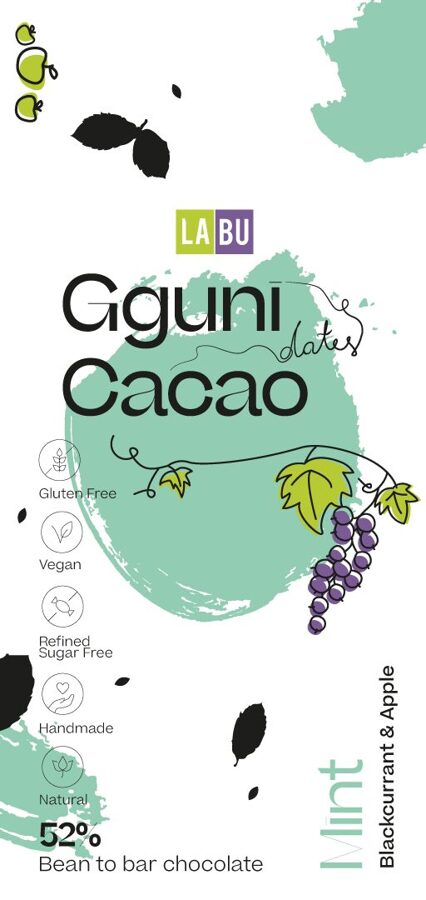 52% Chocolate with Mint, with LABU dried Blackcurrant and Apple puree pieces. Sweetened with dates. Vegan friendly. 