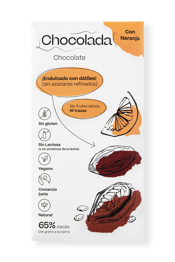 65% Chocolate con Naranja, endulzado con dátiles. Vegano. Ecológico 