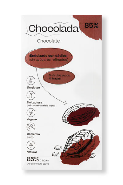 85% Chocolate, endulzado con dátiles. Vegano. Ecológico