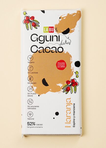 52% Chocolate with Orange, with LABU dried Sea Buckthorn and Apple puree pieces. Sweetened with dates. Vegan friendly. 