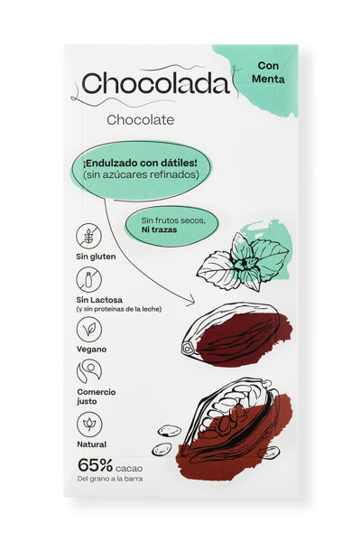 65% Šokoladas su Mėta, saldintas datulėmis. Tinka veganams. Ekologiškas 