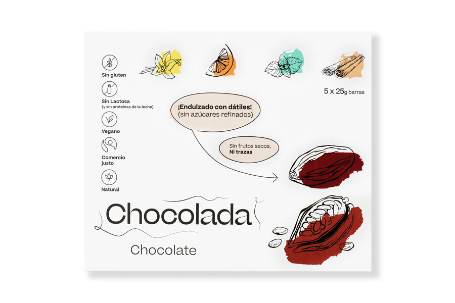 Datulėmis saldintų šokoladų rinkinys.  Veganiškas. 5*25g (125g)