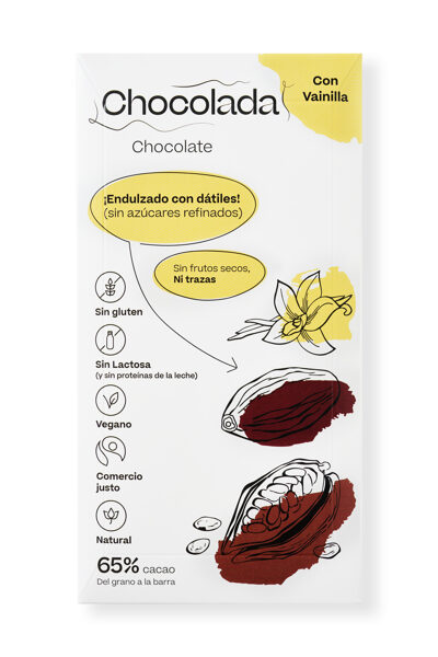 65% Chocolate with Vanilla, sweetened with dates. Vegan friendly. Organic